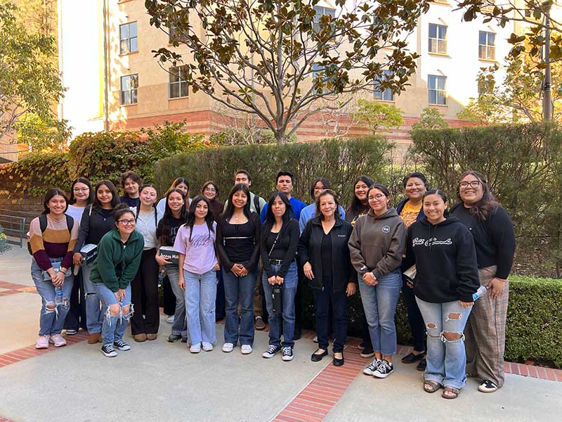 Barbara Carrasco (UCLA ‘78), Chicana artist, activist, painter and muralist, is collaborating with students to create the mural in the Latinx Success Center.