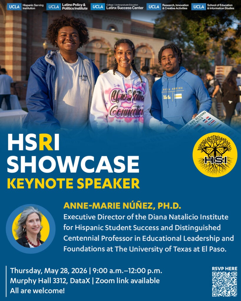 flyer for UCLA Hispanic-Serving Research Institution Showcase and keynote speaker, taking place on thursday, may 28, 2026 from 9:00 am-12:00 pm on ucla campus and via zoom