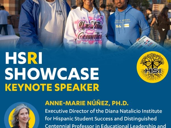 flyer for UCLA Hispanic-Serving Research Institution Showcase and keynote speaker, taking place on thursday, may 28, 2026 from 9:00 am-12:00 pm on ucla campus and via zoom